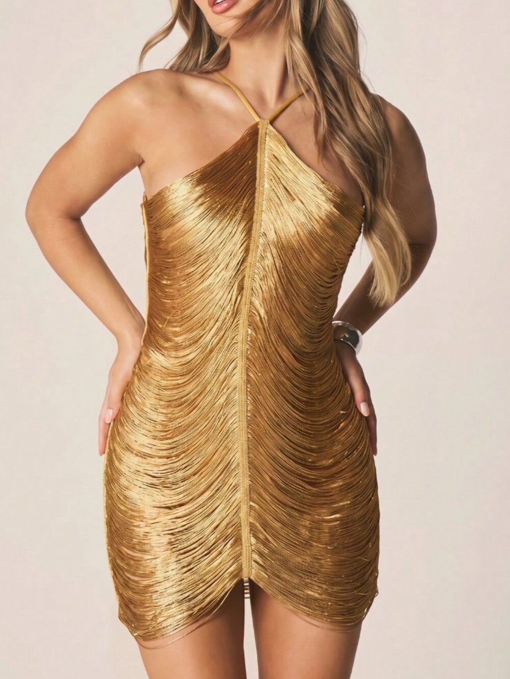 Gold Metallic Fringe Women's Mini Dress with Halter Neck